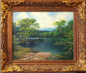 LANDSCAPE OIL PAINTING OF LAKE AND TREES IN NICE FRAME classic mural painting