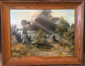 LANDSCAPE OIL PAINTING OF WESTERN WINDMILL BY CECIL R YOUNG JR. classic mural painting