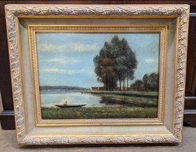 LANDSCAPE OIL PAINTING WITH SMALL BOAT ON LAKE classic mural painting