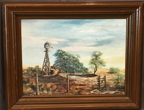 LANDSCAPE PAINTING OF A WINDMILL BY A WATERING HOLE BY LEO KISER classic mural painting