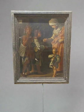 LARGE 18TH CENTURY VERTICAL OIL PAINTING OF A WOMAN FEEDING THE POOR-AS FOUND classic mural painting