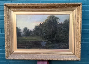 LARGE 19TH CENTURY CASTLE OIL PAINTING IN ORNATE FRAME classic mural painting