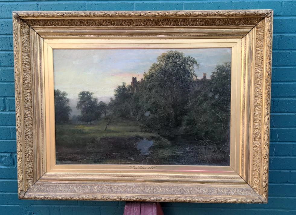 LARGE 19TH CENTURY CASTLE OIL PAINTING IN ORNATE FRAME classic mural painting
