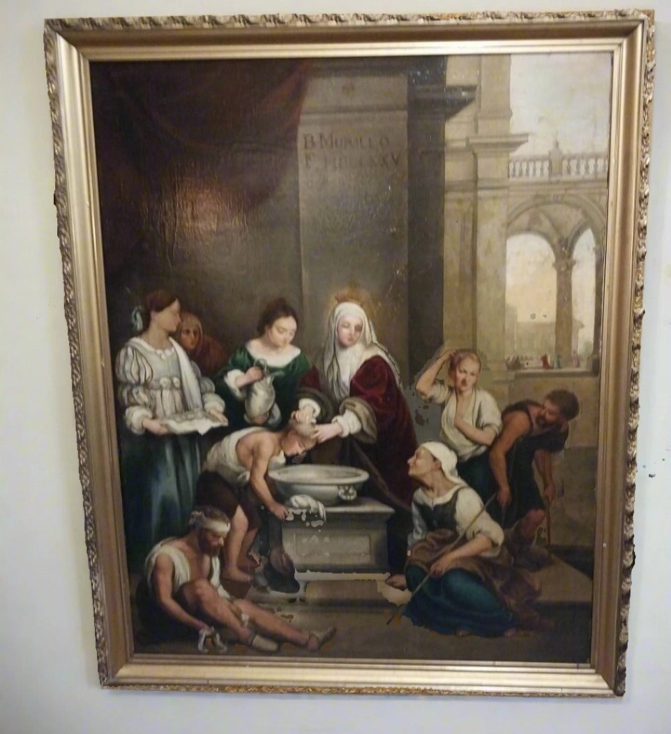 LARGE 19TH CENTURY OIL PAINTING OF ST. ISABEL OF HUNGARY CURING THE SICK classic mural painting