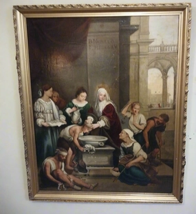 LARGE 19TH CENTURY OIL PAINTING OF ST. ISABEL OF HUNGARY CURING THE SICK classic mural painting