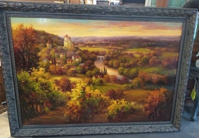 LARGE 7' x 5' FRAMED ITALIAN LANDSCAPE OIL PAINTING classic mural painting