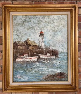 LARGE ABSTRACT SHIP OIL PAINTING IN FRAME classic mural painting