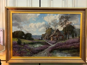 LARGE AUSTRIAN KARL VIKAS 1875-1934 THATCHED ROOF COTTAGE OIL PAINTING WITH ROLLING HILLS OF LAVENDER FLOWERS LANDSCAPE classic mural painting