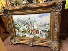 LARGE BAROQUE GILT FRAMED CASTLE OIL PAINTING BY MAUDE WATERS classic mural painting