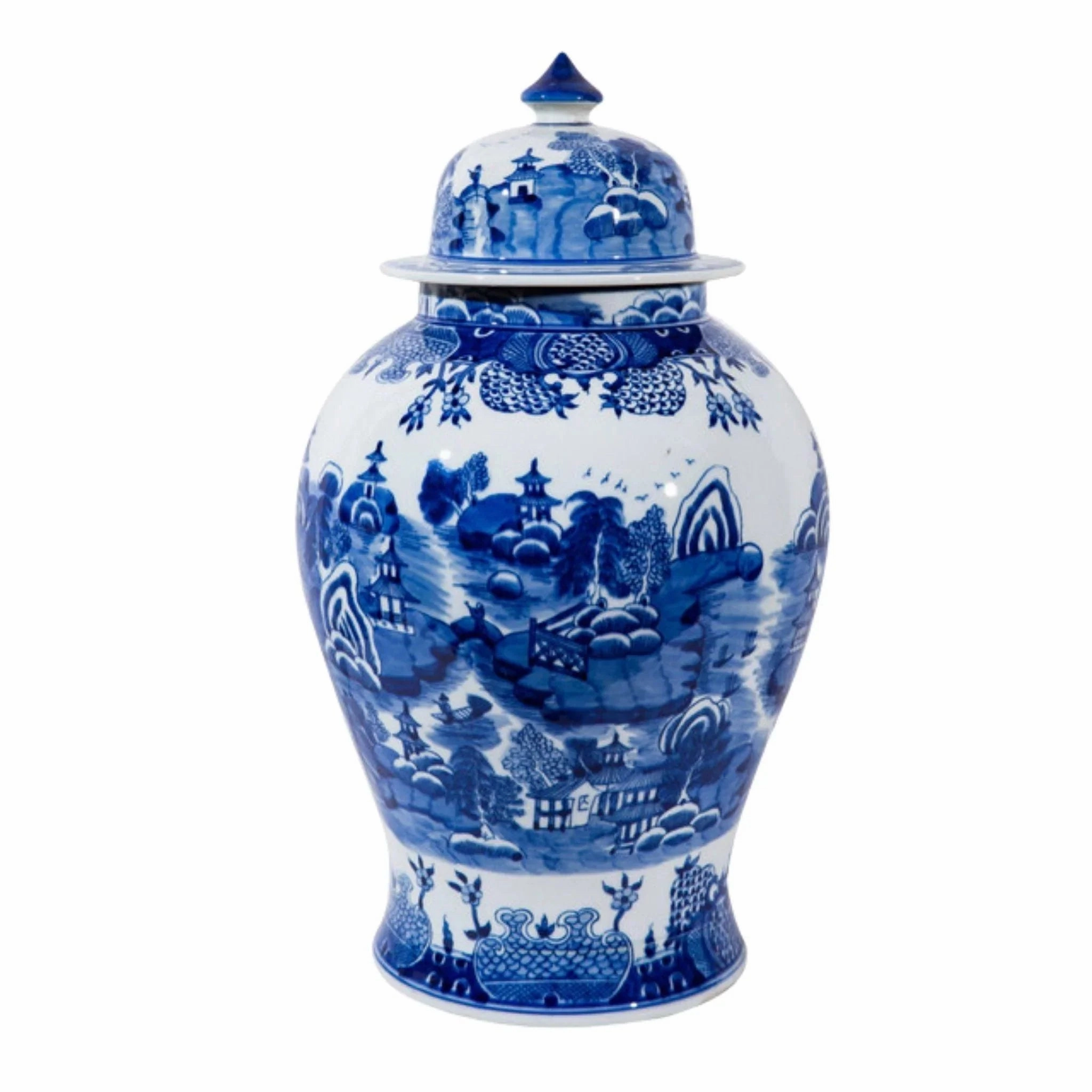 Large Blue and White Mountain Pagoda Porcelain Temple Jar