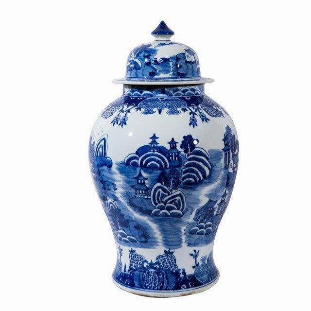 Large Blue and White Mountain Pagoda Porcelain Temple Jar