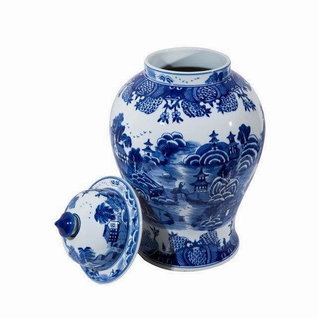 Large Blue and White Mountain Pagoda Porcelain Temple Jar
