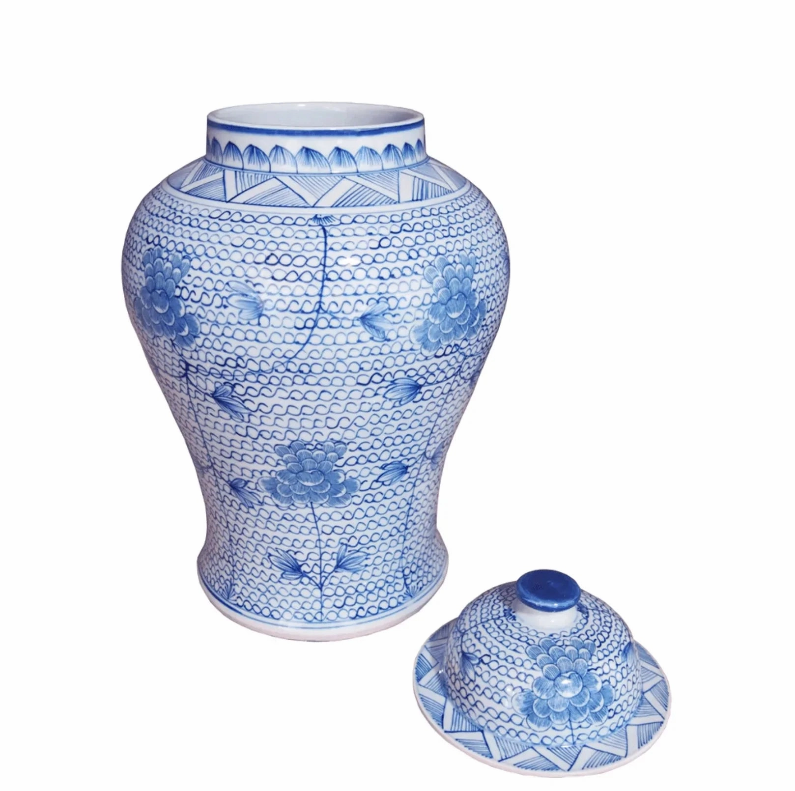 Large Blue and White Porcelain Temple Jar with Flowers