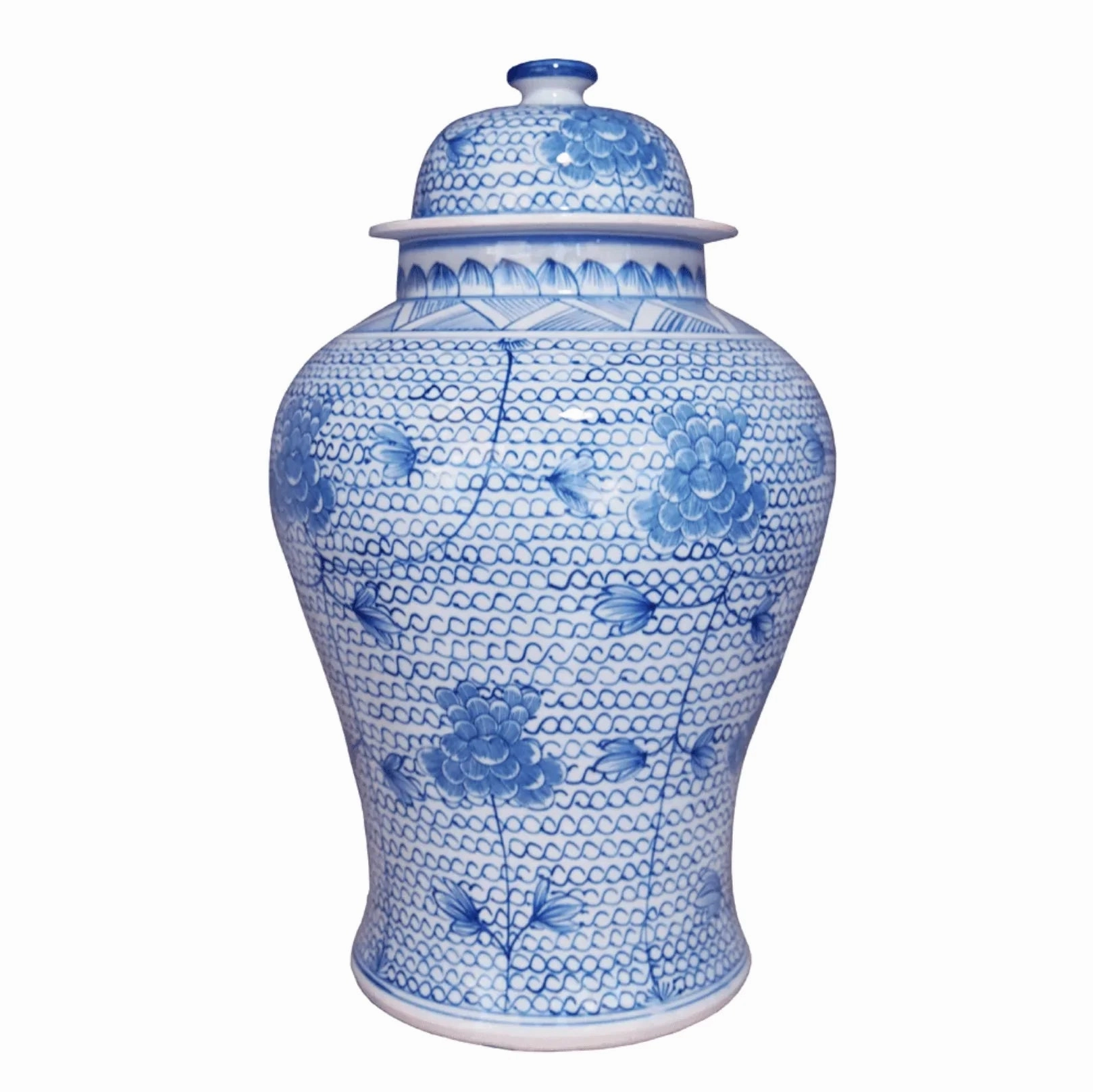 Large Blue and White Porcelain Temple Jar with Flowers