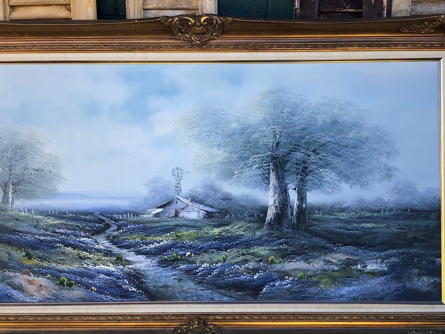 LARGE BLUEBONNET COUNTRY ROAD OIL PAINTING WITH WINDMILL-AS FOUND FRAME