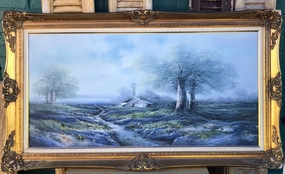 LARGE BLUEBONNET COUNTRY ROAD OIL PAINTING WITH WINDMILL-AS FOUND FRAME classic mural painting