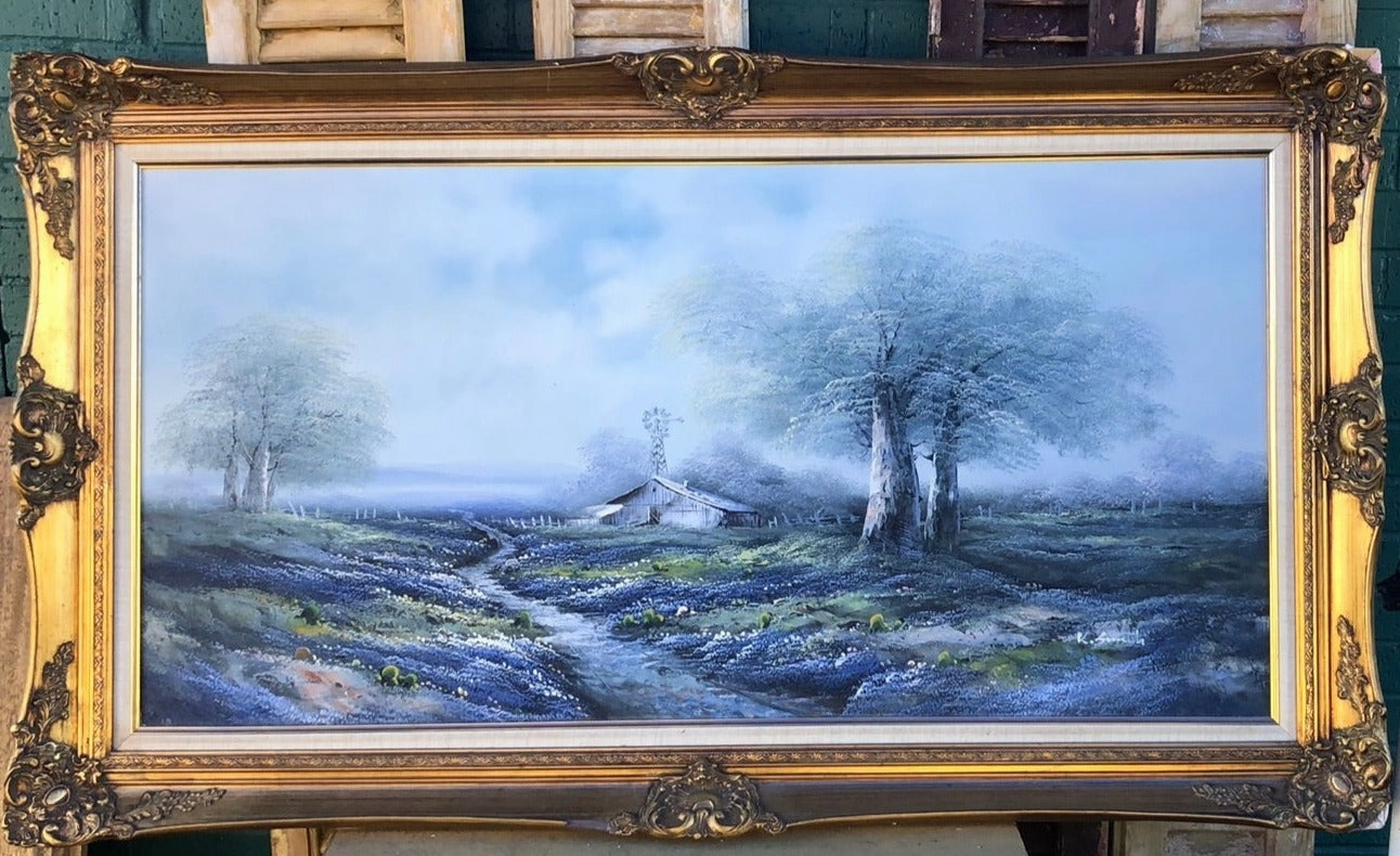 LARGE BLUEBONNET COUNTRY ROAD OIL PAINTING WITH WINDMILL-AS FOUND FRAME classic mural painting
