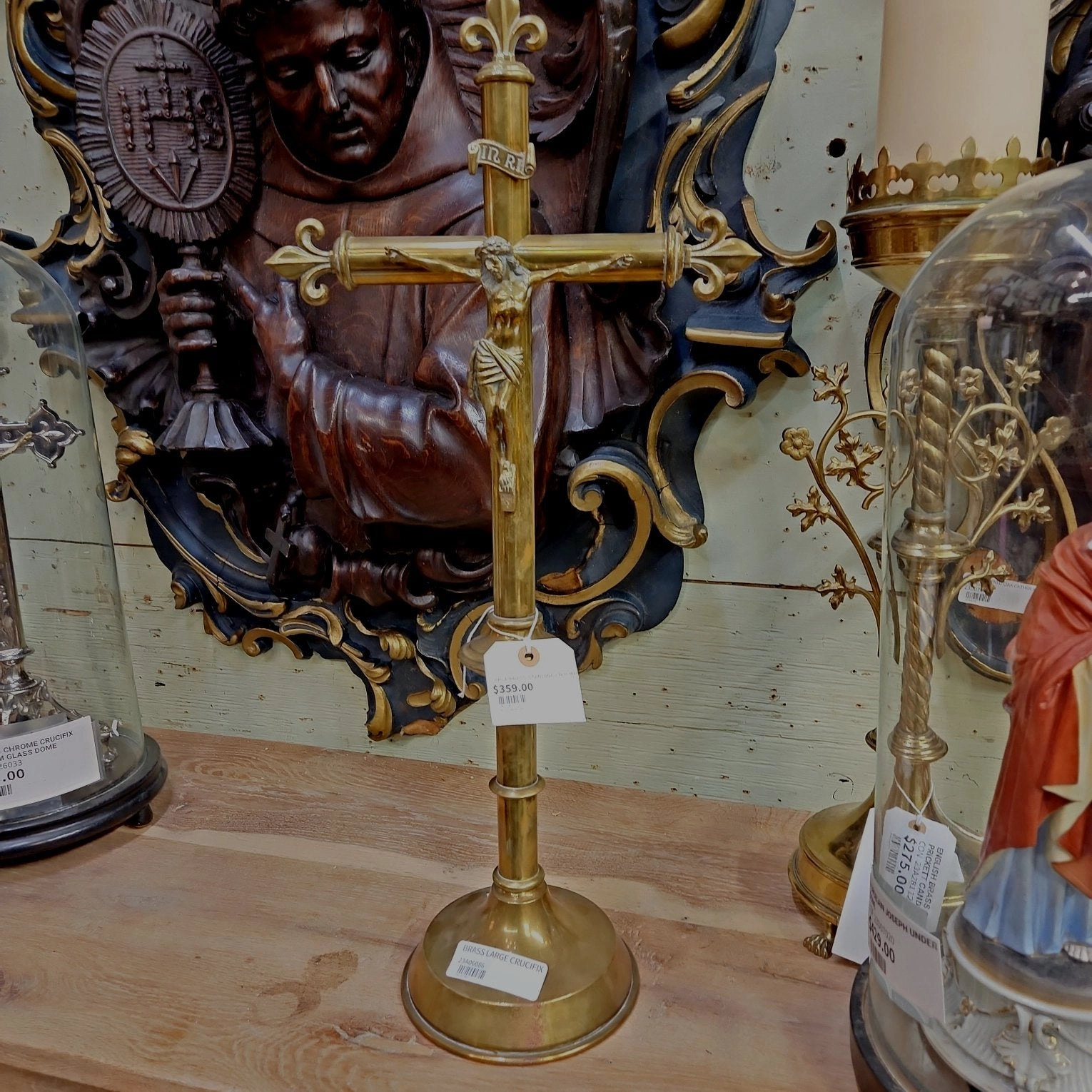 LARGE BRASS STANDING CRUCIFIX interior room decor