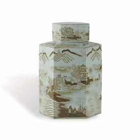 Large Brown on White Porcelain Tea Jar with Asian Pastoral Scene home display ornament