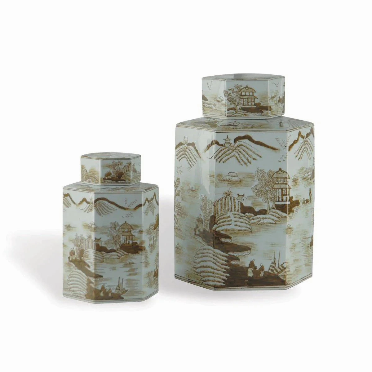 Large Brown on White Porcelain Tea Jar with Asian Pastoral Scene