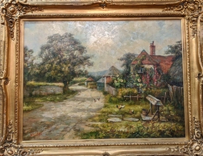 LARGE BUCOLIC FRAMED OIL PAINTING classic mural painting