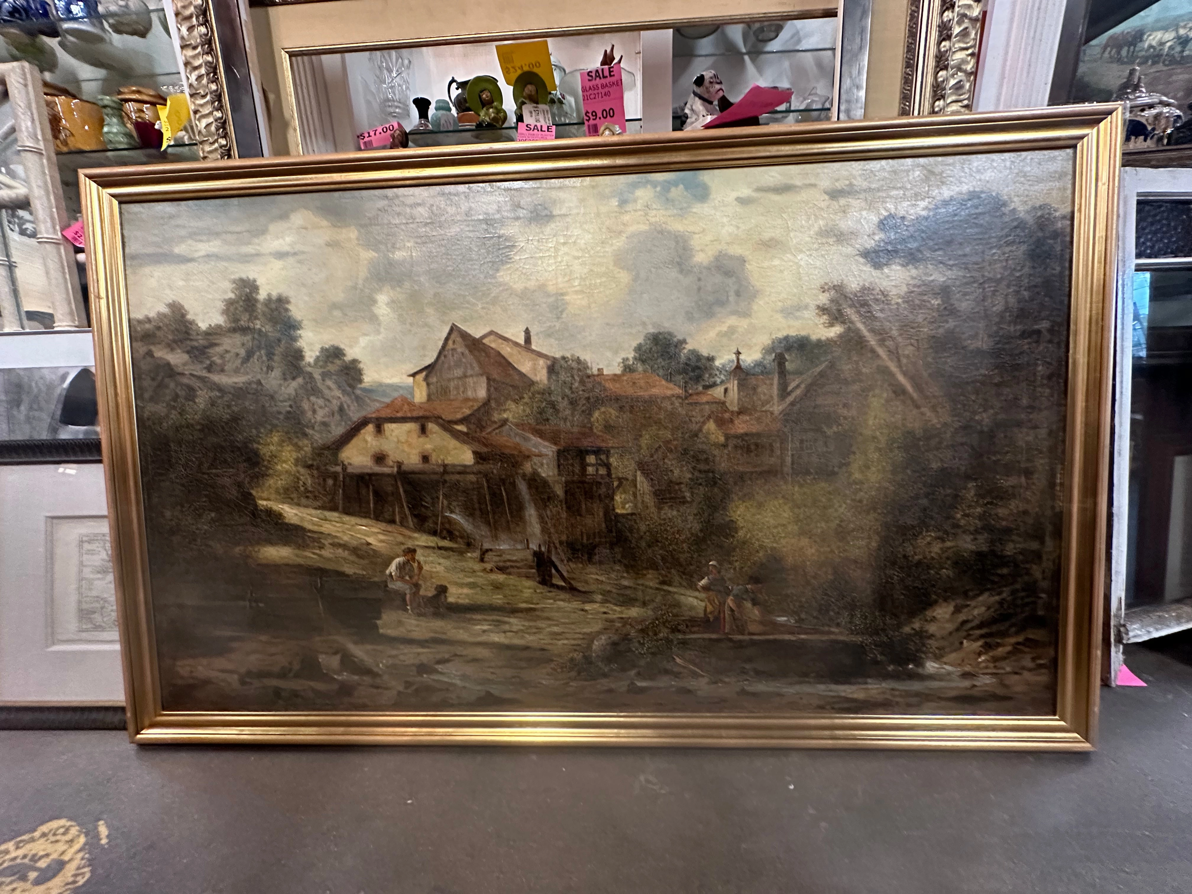 LARGE BUCOLIC OIL PAINTING WITH MILL-RESTORED classic mural painting