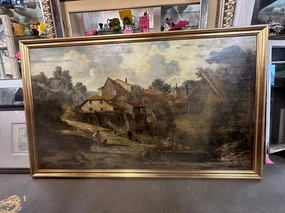 LARGE BUCOLIC OIL PAINTING WITH MILL-RESTORED classic mural painting