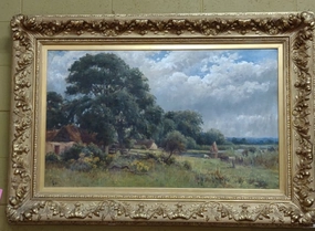 LARGE  BUCOLIC PASTORAL OIL PAINTING IN ORNATE GILT FRAME classic mural painting
