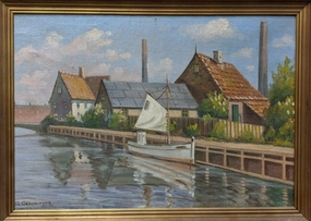 LARGE CANAL SCENE OIL PAINTING BY CLEMSON classic mural painting