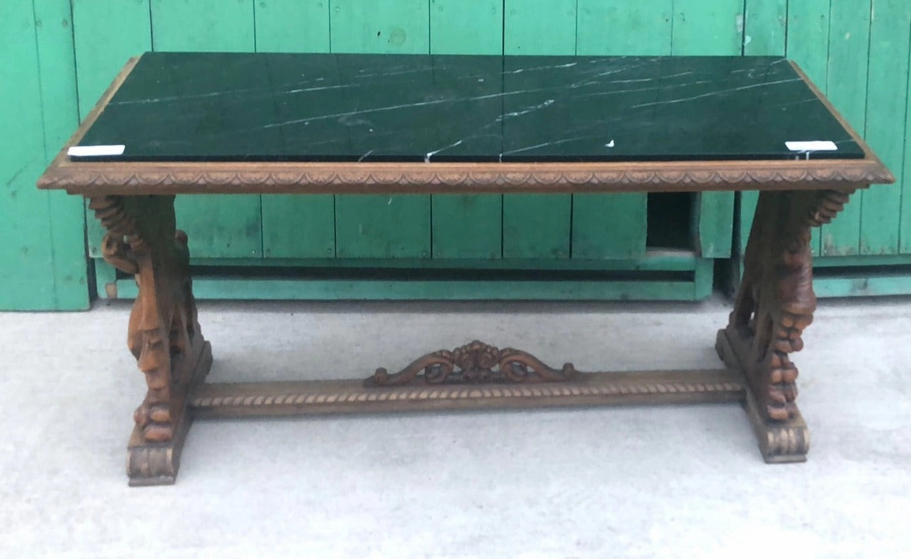 LARGE CARVED ANGEL TABLE WITH BLACK MARBLE TOP