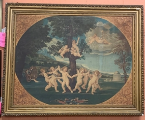 LARGE CHERUBIM PAINTING ON CANVAS IN WOOD AND GESSO FRAME classic mural painting