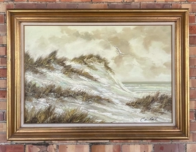 LARGE COASTAL DUNES AND SEAGULLS OIL PAINTING IN GOLD FRAME classic mural painting