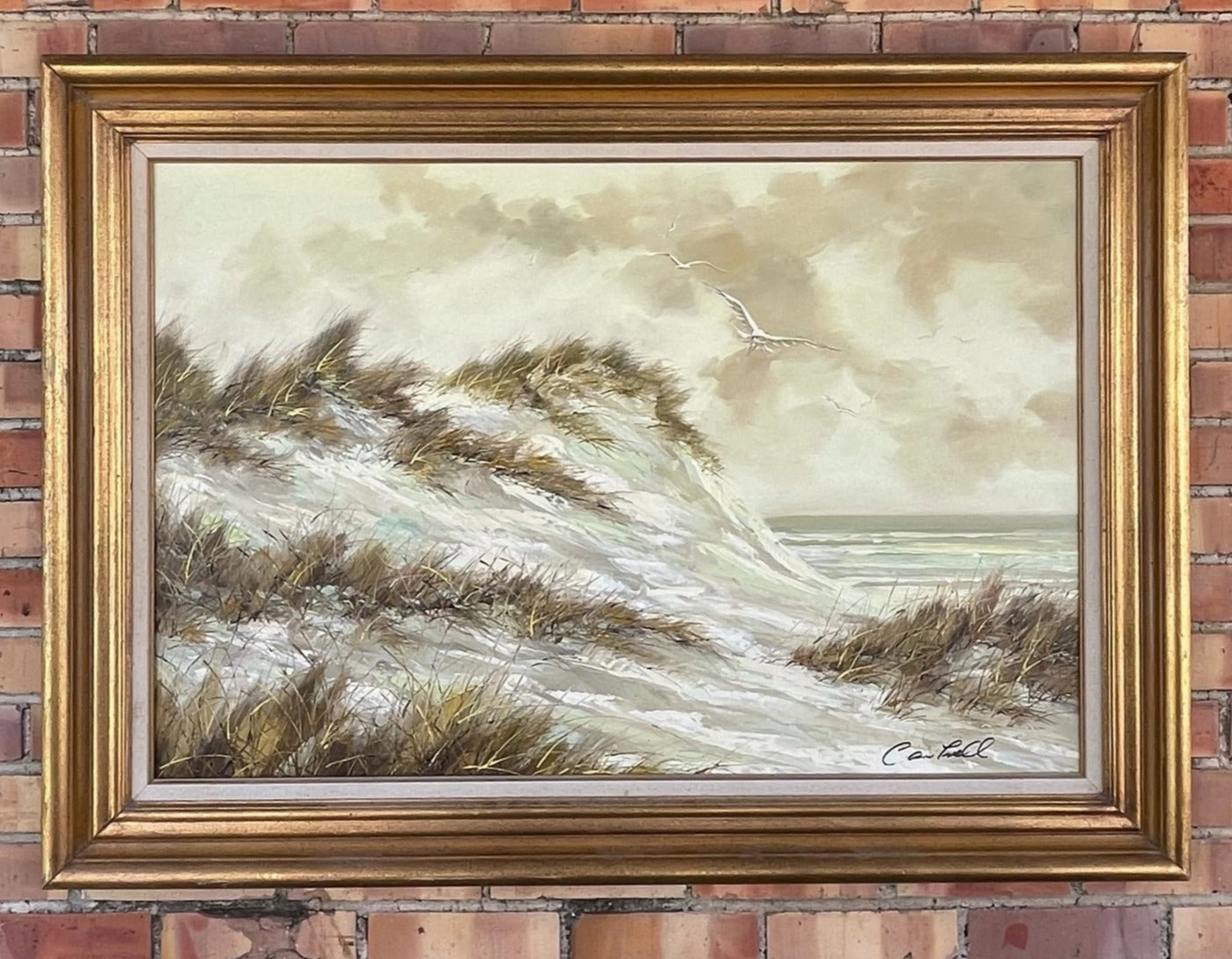 LARGE COASTAL DUNES AND SEAGULLS OIL PAINTING IN GOLD FRAME classic mural painting