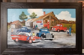 LARGE COUNTRY STORE OIL PAINTING BY A. REYNOLD classic mural painting