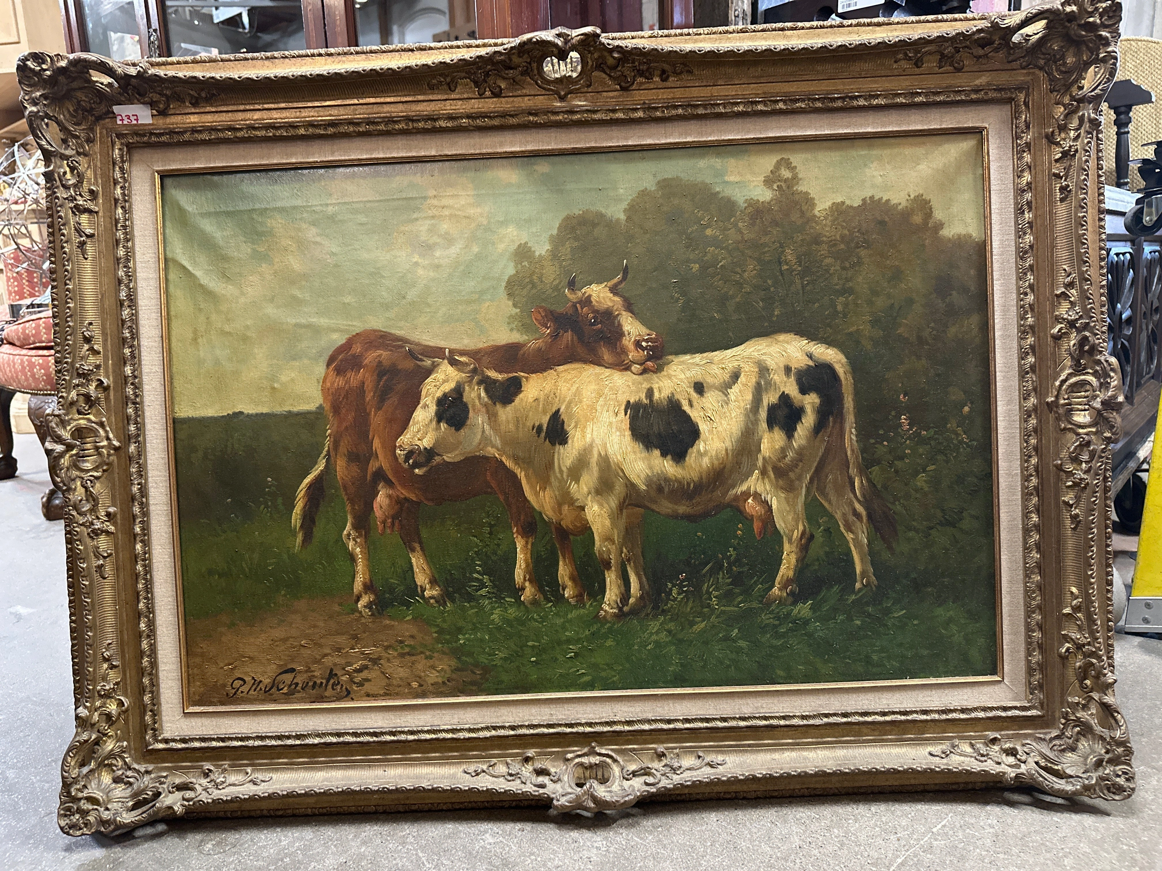 LARGE COW PAINTING WITH GILT FRAME BY PAUL SCHOUTEN classic mural painting