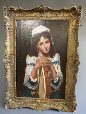 LARGE DRAMED OIL PPAINTING OF A GIRL WITH TAMBORINE SIGNED H.SINGER classic mural painting