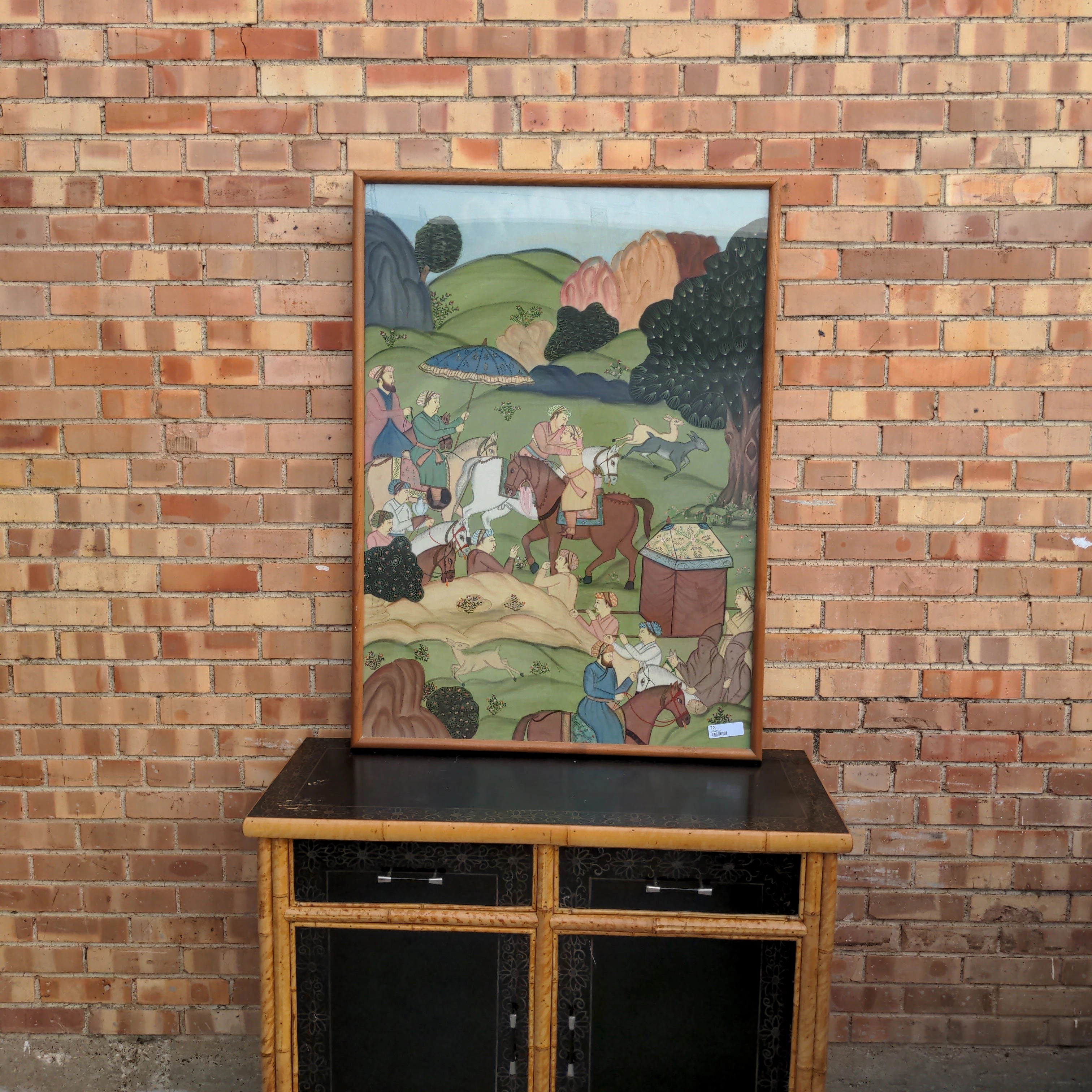 LARGE EAST INDIAN PAINTING OF MEN, HORSES AND DEER