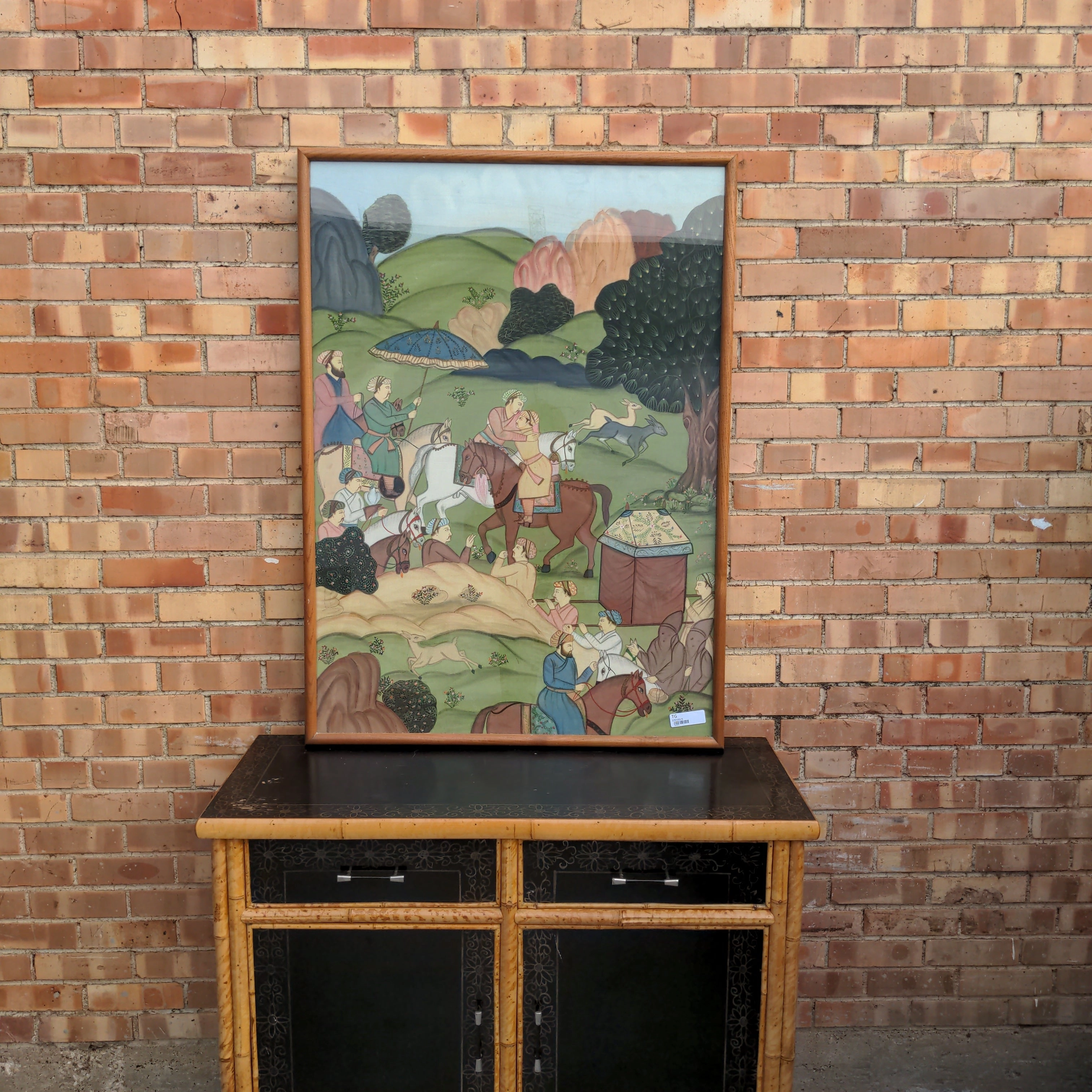 LARGE EAST INDIAN PAINTING OF MEN, HORSES AND DEER