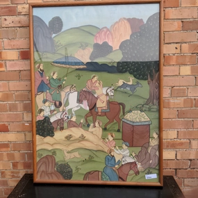LARGE EAST INDIAN PAINTING OF MEN, HORSES AND DEER classic mural painting