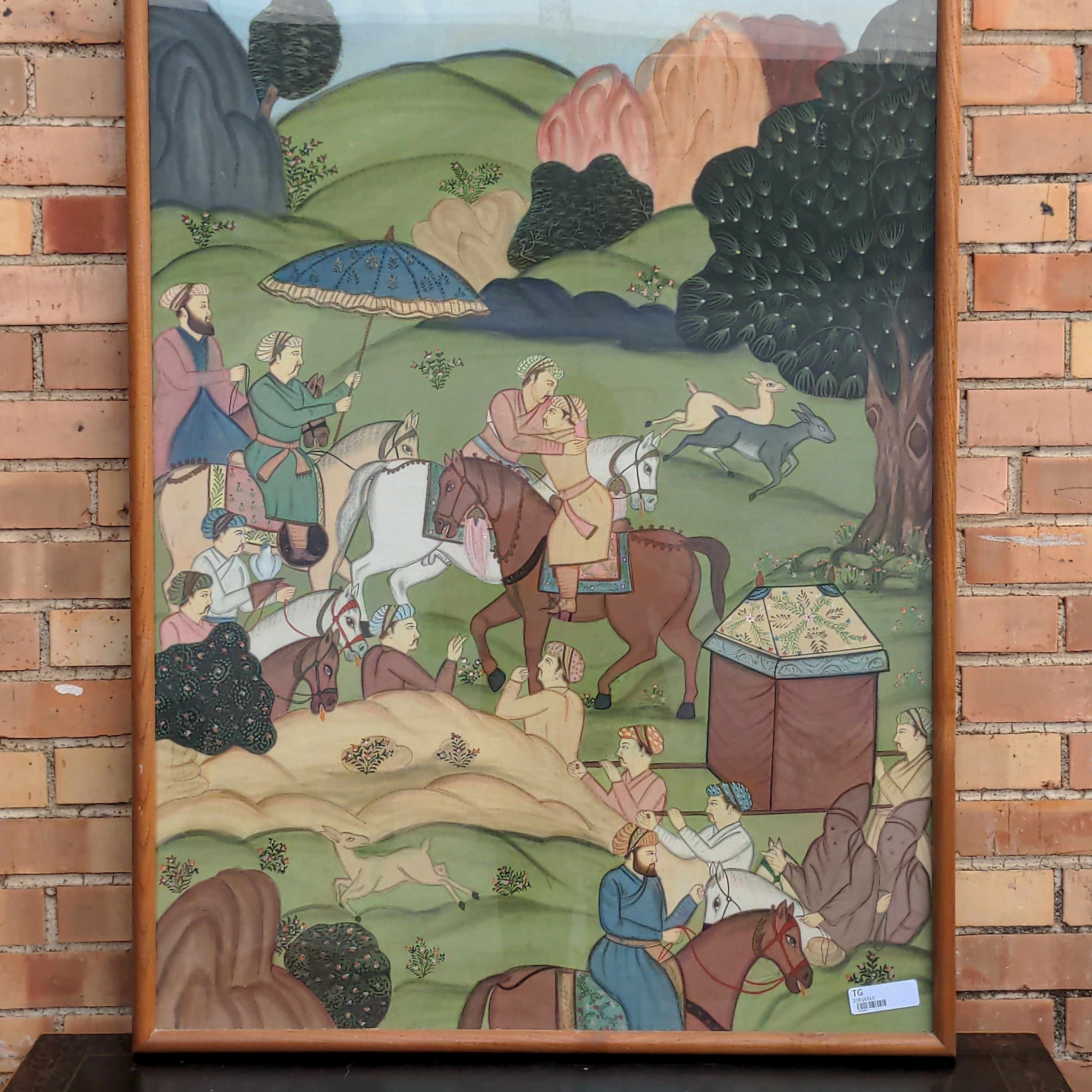LARGE EAST INDIAN PAINTING OF MEN, HORSES AND DEER