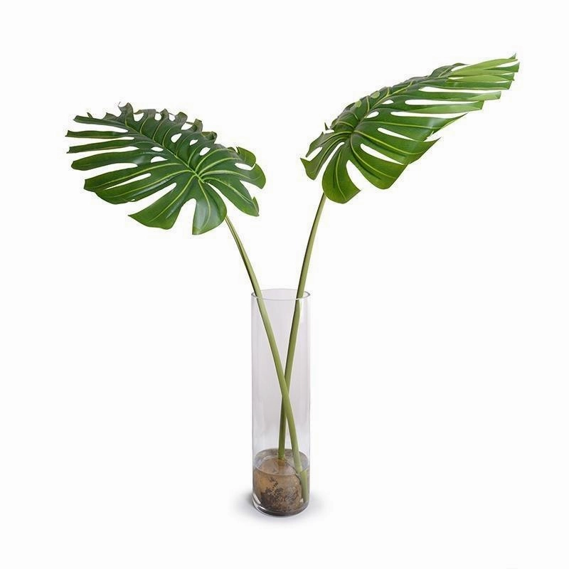 Large Faux Monstera Branches in Tall Glass Cylinder