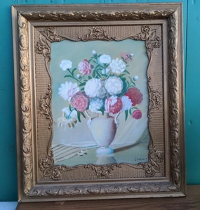 LARGE FLORAL STILL LIFE PAINTING IN ANTIQUE FRAME classic mural painting