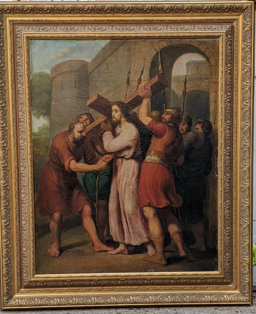 LARGE FRAMED 19TH CENTURY OIL PAINTING OF JESUS WITH THE CROSS classic mural painting