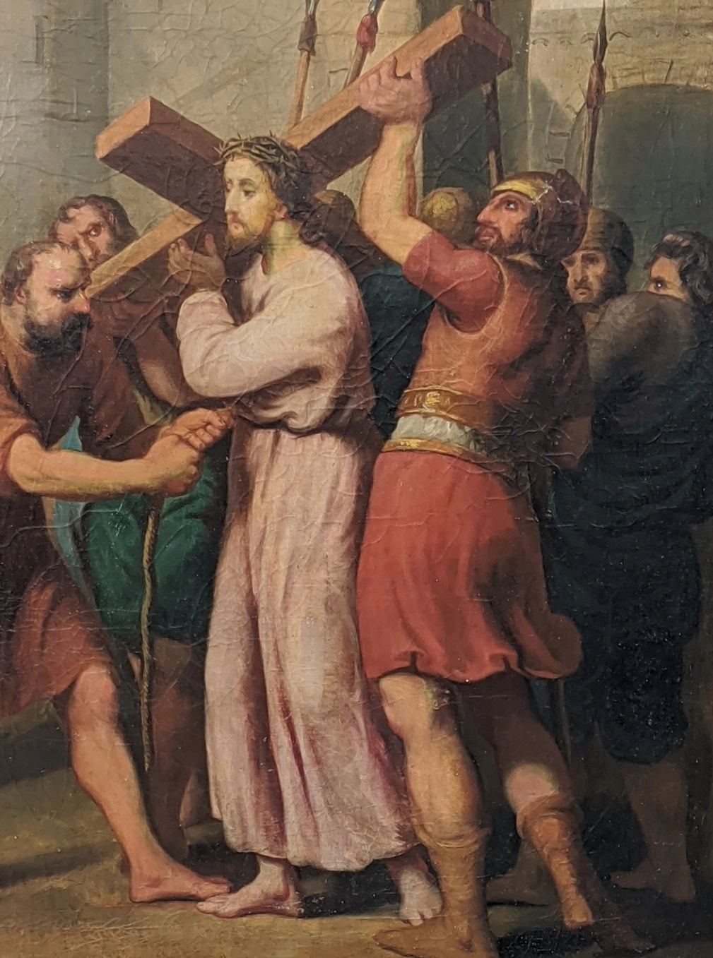LARGE FRAMED 19TH CENTURY OIL PAINTING OF JESUS WITH THE CROSS