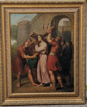 LARGE FRAMED 19TH CENTURY OIL PAINTING OF JESUS WITH THE CROSS classic mural painting