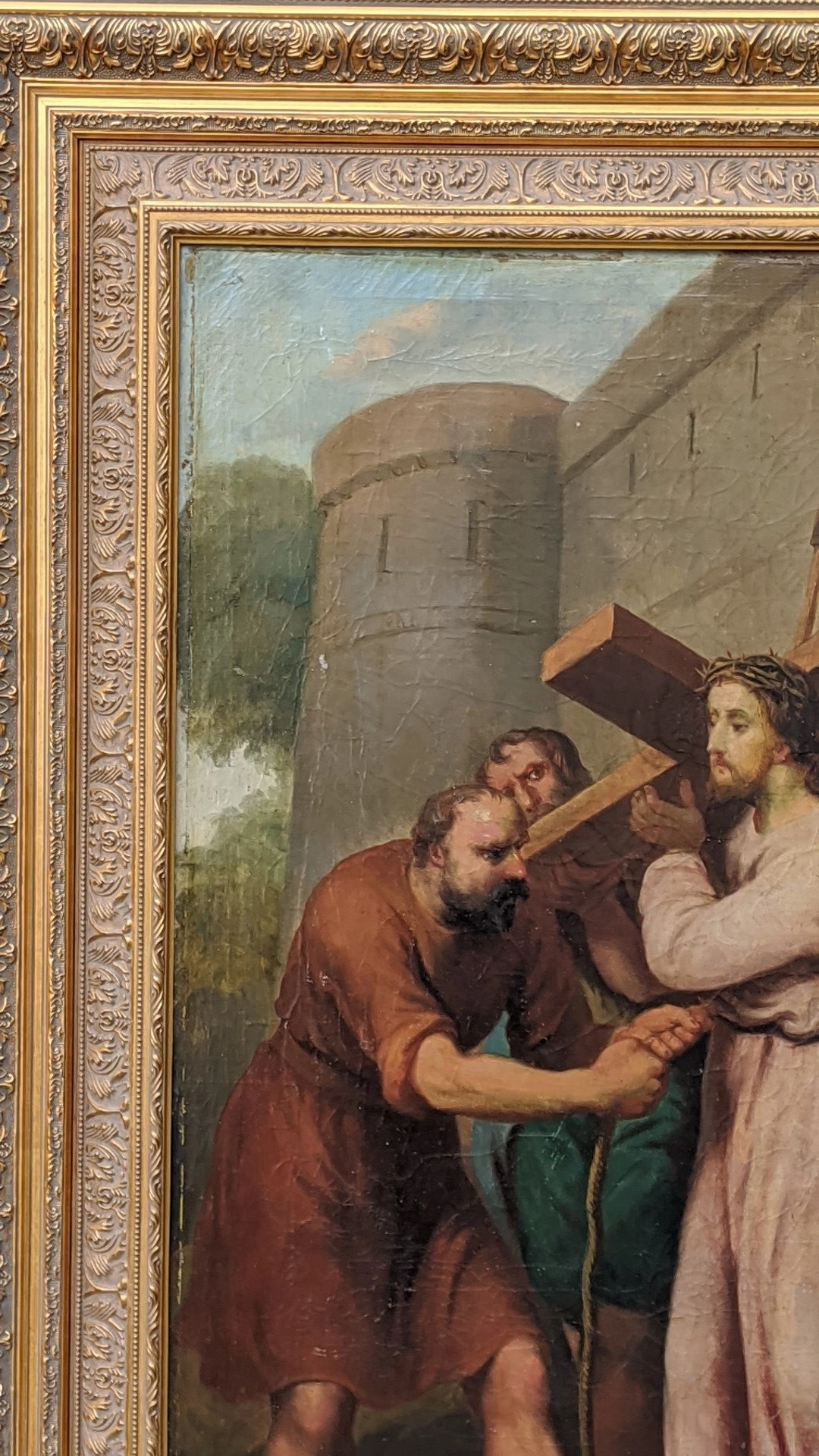 LARGE FRAMED 19TH CENTURY OIL PAINTING OF JESUS WITH THE CROSS