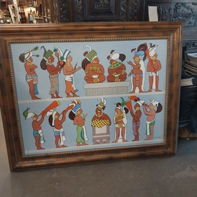 LARGE FRAMED AZTEC OIL PAINTING classic mural painting