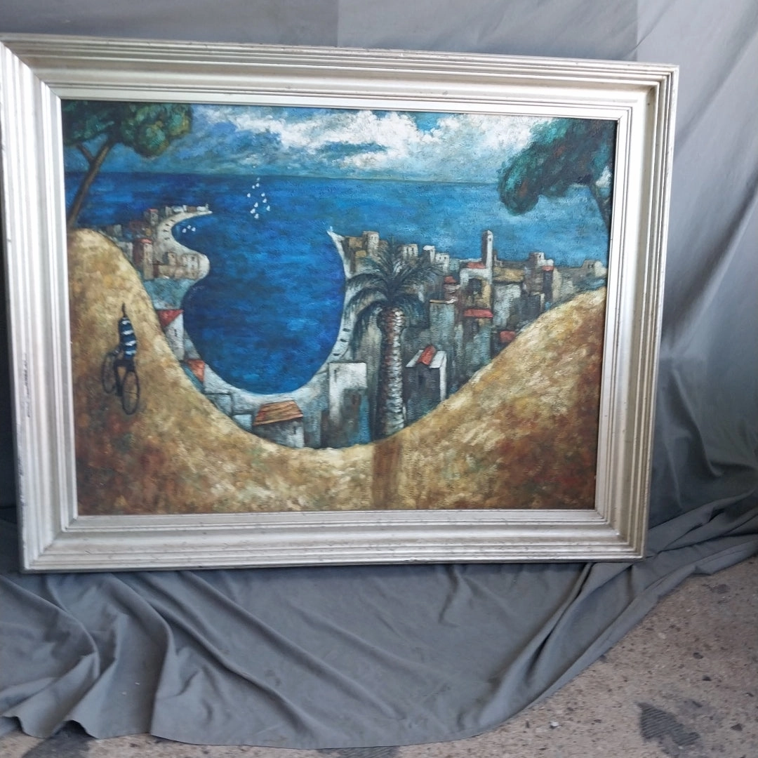 LARGE FRAMED IMPESSIONIST BEACH OIL PAINTING