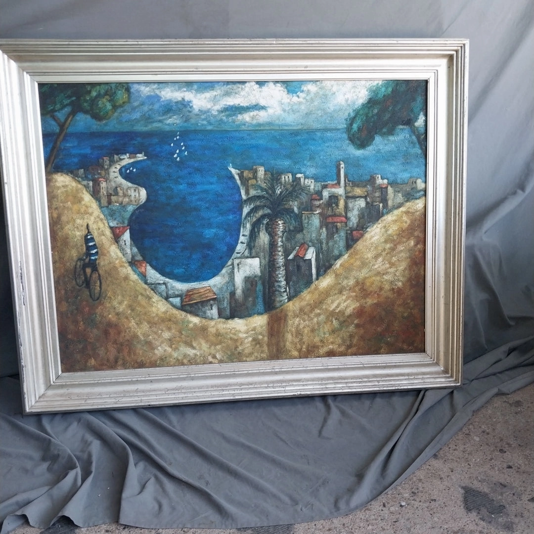 LARGE FRAMED IMPESSIONIST BEACH OIL PAINTING