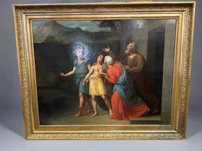 LARGE FRAMED ITALIAN OIL PAINTING- TOBIT SENDING HIS SON TOBIAS TO MEDIA WITH THE ANGEL RAPHAEL classic mural painting
